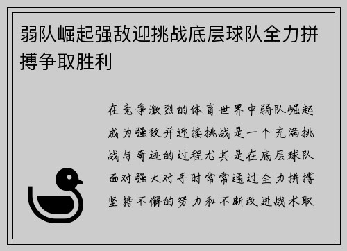 弱队崛起强敌迎挑战底层球队全力拼搏争取胜利