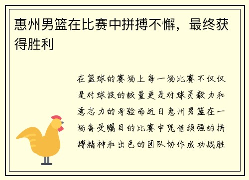 惠州男篮在比赛中拼搏不懈，最终获得胜利
