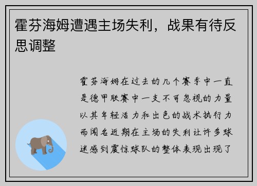霍芬海姆遭遇主场失利，战果有待反思调整