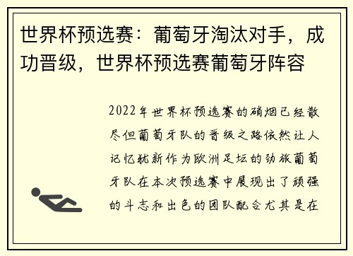 世界杯预选赛：葡萄牙淘汰对手，成功晋级，世界杯预选赛葡萄牙阵容