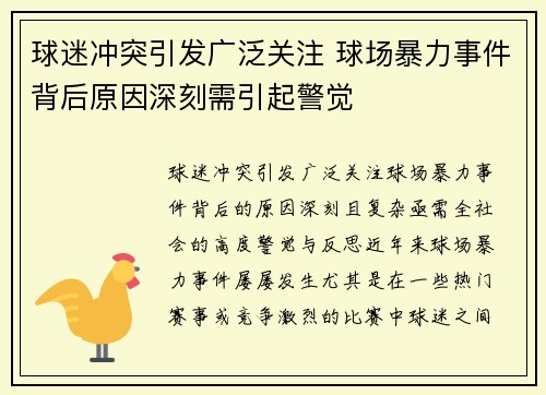 球迷冲突引发广泛关注 球场暴力事件背后原因深刻需引起警觉